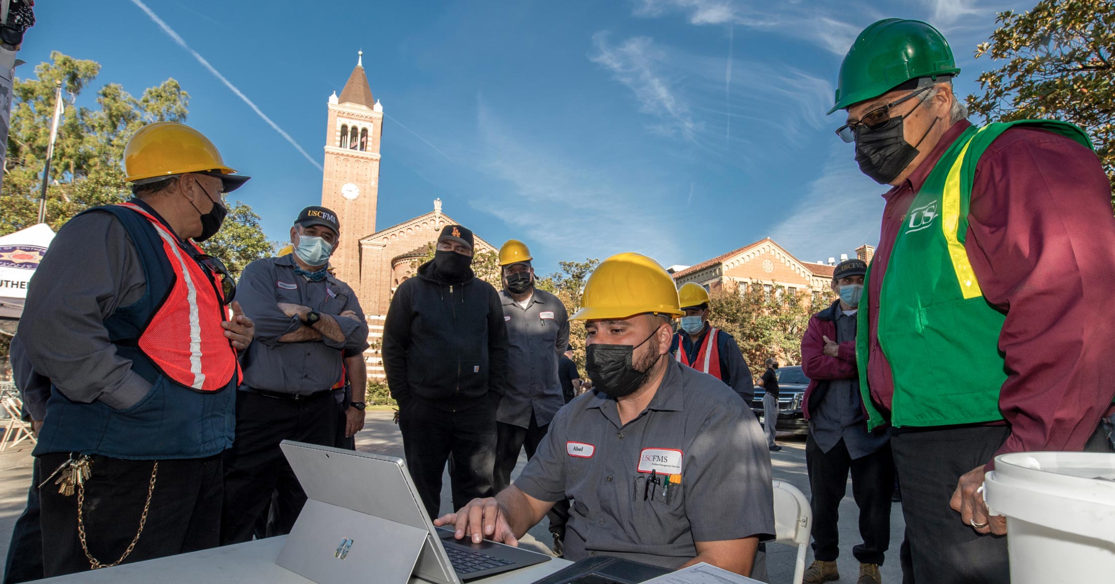 USC Facilities Planning & Management team conducting safety workshop outside on campus