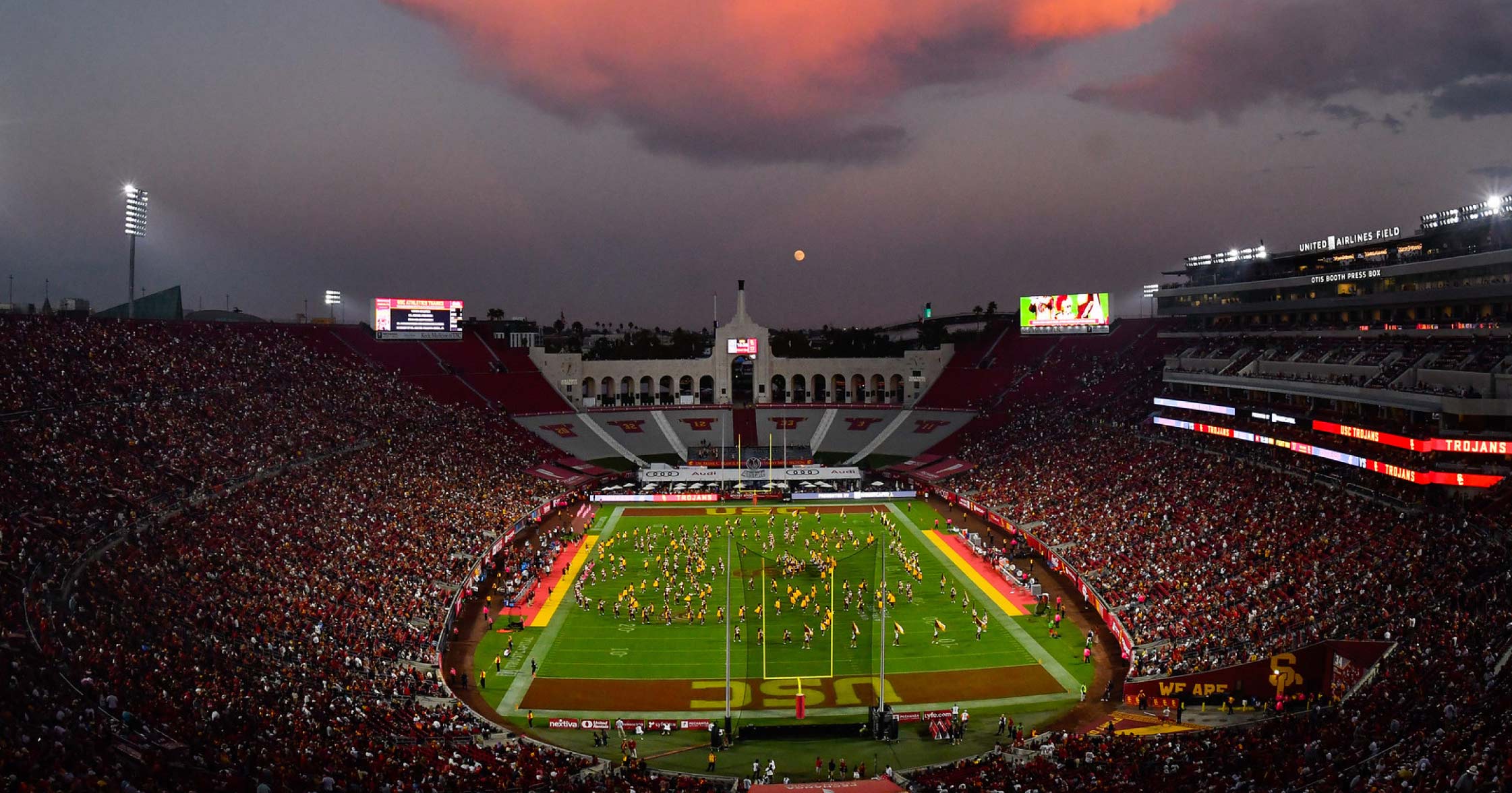 USC Trojans halftime show in L.A. Coliseum at sunset
